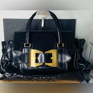 Gucci Black Patent Leather Bag with Gold Bow Buckle w Cert of Authenticity